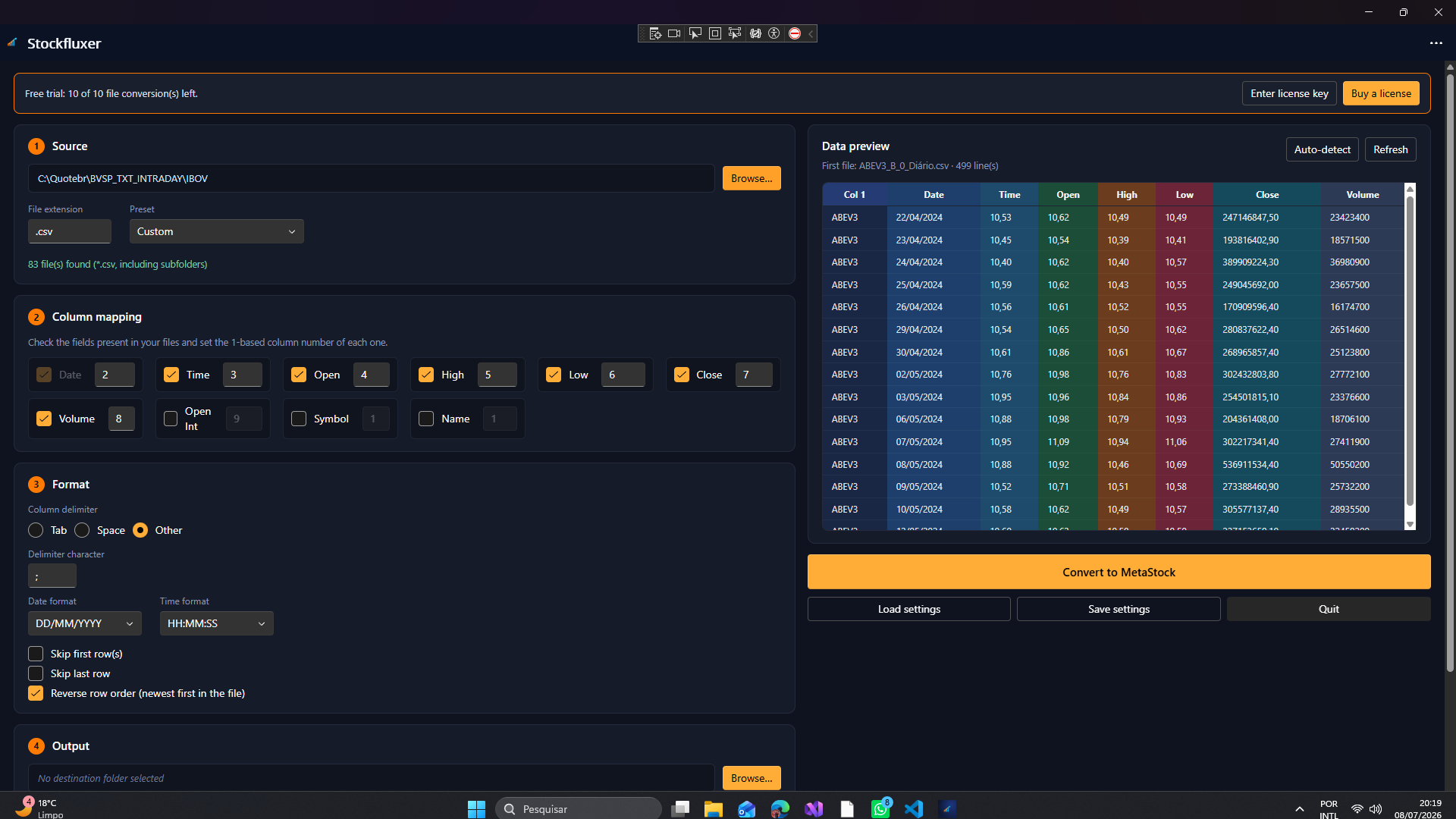Stockfluxer data preview with detected columns
