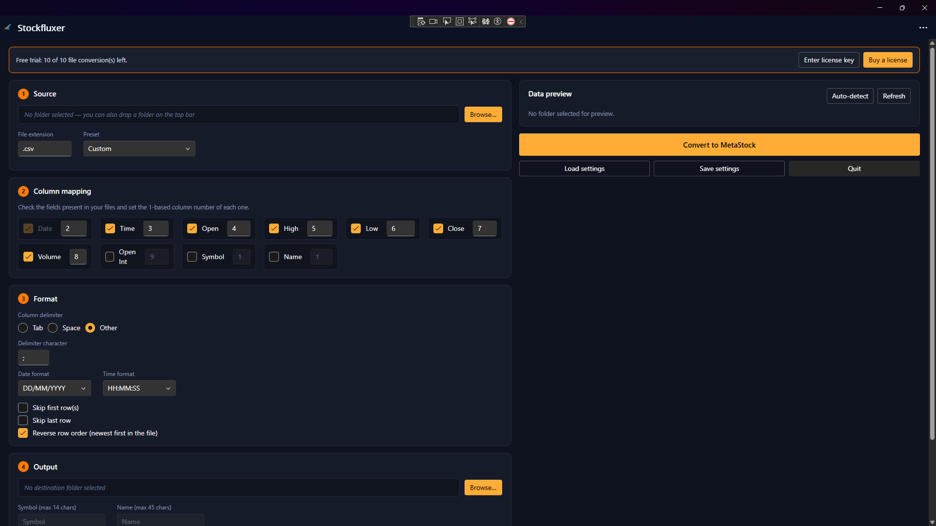 Stockfluxer source and column mapping setup screen